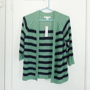 NWT August Silk navy blue + green striped 3/4 sleeve open cardigan sweater sz S